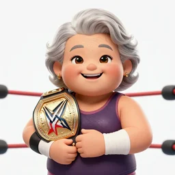 a smiling lovely cute granny is the wwf champion in the ring. editorial photography