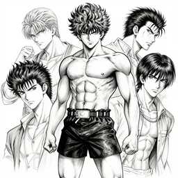 portrait of anime baki the grappler in shorts, pen and ink, intricate line drawings, by craig mullins, ruan jia, kentaro miura, greg rutkowski, loundraw