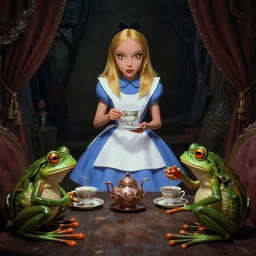 A movie screenshot of frogs and toads (by Brian Froud) having tea with Alice in Wonderland, directed by Francis Ford Coppola, cinematic, balanced composition, terrifying. This is the sort of thing you'd find in hell.  If you ever see this, you'll go insane.
