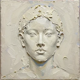 a three - dimensional thick impasto oil painting in the shape of a woman's head, lots of thick encrusted paint, no skin or hair visible