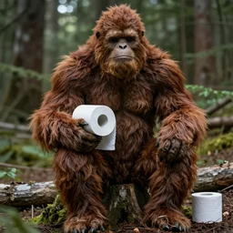 bigfoot sitting on a stump holding rolls and rolls of toilet paper