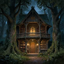 The library in Elrond's Chamber at Rivendell, trees growing inwards, evening, detailed matte painting, cinematic, Alan Lee, Artstation