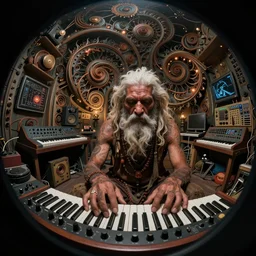 a fisheye lens photo of a post apocalyptic tribal sadhu tweaking and playing synthesizers in the most complicated and technical spiral fractal musical studio, powerful, cinematic, beautifully lit, by donato giancola, by artgerm, by karol bak, 3 d, perfect face and body, trending on artstation, octane render, 8 k