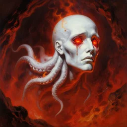 painting by wayne barlowe of a flying sorrowful looking severed human head with tears running down it's eyes, face that is chalk white in color, with long sprawling white tentacles stemming down it's neck, fiery scorching red!!! eyes, flying in a terrying hellish dark scorching cave