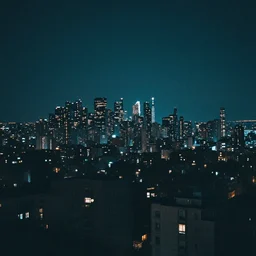 city at night, dark cyan color palette. grainy. hd wallpaper.