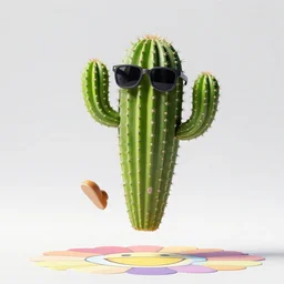 a jumping cactus wearing sunglasses, 3d octane render, takashi Murakami artwork