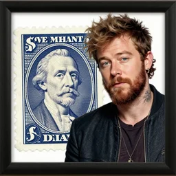 a closeup photorealistic illustration of post malone standing next to a vintage american postage stamp with his face on it. framed. fine detail. this 4 k hd image is trending on artstation, featured on behance, well - rendered, extra crisp, features intricate detail, epic composition and the style of unreal engine.