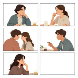 man and woman talking quietly in a diner, over the shoulder shot, storyboard panel, eye level, black and white marker