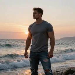 a very muscular and defined man wearing ripped pants and shirt looking to the sea at sunset, godrays, complementary colors, natural lighting, portait image, path tracing, serene landscape, high quality, highly detailed, 8K, soft colors, warm colors, turbulent sea, high coherence, anatomically correct, hyperrealistic, concept art, defined face, five fingers