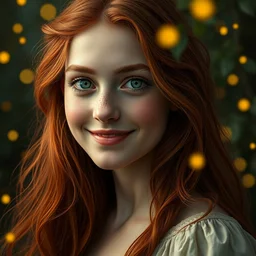 portrait of happy a young woman, among the lights of golden fireflies and nature, long loose red hair, intricate details, bright green eyes, freckles on the nose, round gentle face, romantic dress, deep focus, sharp, golden ratio, hyper realistic digital art by artemisia lomi gentileschi and caravaggio