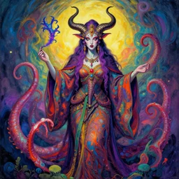 A psychedelic kraken priest witch, vibrant color scheme, highly detailed, in the style of romanticism, cinematic, artstation, Moebius, Greg rutkowski