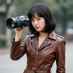 ektachrome, telephoto lens, highly detailed : incredibly realistic, youthful asian demure, exquisite features, feminine cut, photo 1 9 7 0 s frontiers in flight leather suit cosplay fashion, nick night,