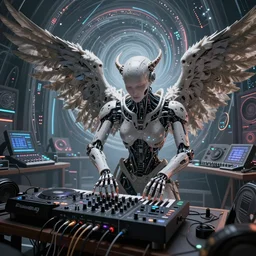 a dynamic photo of a post apocalyptic angelic cyborg dj tweaking and playing synthesizers in the most complicated and technical spiral fractal musical studio, powerful, cinematic, beautifully lit, by donato giancola, by artgerm, by karol bak, 3 d, perfect face and body, trending on artstation, octane render, 8 k