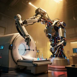 ( cyberpunk 2 0 7 7, bladerunner 2 0 4 9 ), a complex thick bifurcated robotic cnc surgical arm cybernetic symbiosis hybrid mri 3 d printer machine making a bio chemical lab, cinematic view, detailed, concept art, low angle, high detail, warm lighting, volumetric, godrays, vivid, beautiful, trending on artstation, by jordan grimmer, huge scene, art greg rutkowski