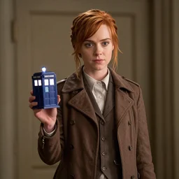 Katniss Everdeen as Clara Oswald, holding a tiny TARDIS in her hand, tv still from the BBC show 'Doctor Who'