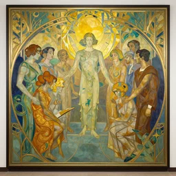 a beautifully hopeful art deco mural about the good in society by aaron douglas and rockwell kent