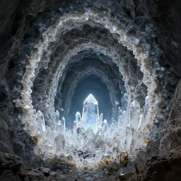 crystal geode, landscape, alex ross, eddie mendoza, raphael lacoste, sebastian ludke, concept art, matte painting, highly detailed, rule of thirds, dynamic lighting, cinematic, realism, realistic, photo real, detailed, magnificiant landscape, denoised, centerd
