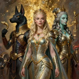 A fantasy book style portrait painting of a hybrid, Toni Collette, Anya_Taylor-Joy, Cory Chase, as a Mystical Valkyrie, Anubis-Reptilian, Atlantean Warrior, François Boucher, Oil Painting, unreal 5, DAZ, hyperrealistic, octane render, Regal, Refined, Detailed Digital Art, RPG portrait, William-Adolphe Bouguereau, Michael Cheval, Walt Disney (1937), Steampunk, Volumetric Golden dappled dynamic lighting, Highly Detailed, Cinematic Lighting, Unreal Engine, 8k, HD