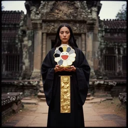 lomography, full body portrait photo of women like reol as a priestness holding a ritual ritual outside exterior ancient ruins, moody, realistic, dark, skin tinted a warm tone, hdr, rounded eyes, detailed facial features, white gold black, takashi murakami, superflat