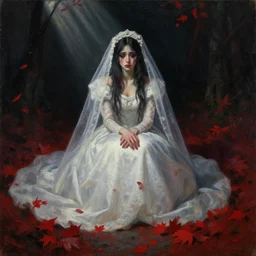 detailed oil painting of sad bride in scary black under the god ray, red leaves on the ground, art by artgerm and greg rutkowski and alphonse mucha