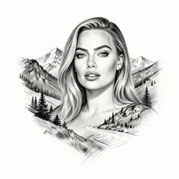mash up tattoo sketch of margot robbie with beautiful mountain scenery, in the style of arlo dicristina, surrealist, amazing detail, sharp