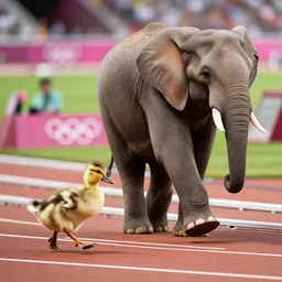 a foot race between a duckling and an elephant, on an olympic track course