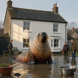 an enormous walrus in the flooded kitchen of a small terraced house in england, 1 9 8 0 s, early morning sunshine slanting through the window, painted by rick berry and norman rockwell and zdzislaw beksinski, george goodwin kilburne, james gurney, highly detailed