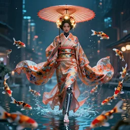 Ross Tran style , blade runner robot, sci-fi, 4K symmetrical portrait, flowing long dress, kimono, billowing fabric, glowing floral headdress, parasol, walking on water, swirling koi fish, city lights, octane render, cgsociety.