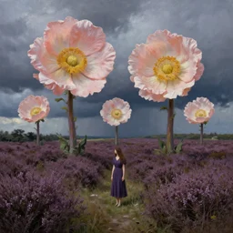 giant flower heads, women standing in heather hills, surreal photography, stormy sky, dramatic lighting impressionist painting, digital painting, artstation, rob gonsalves