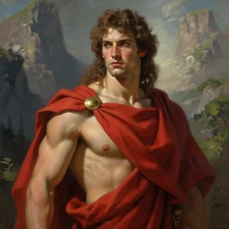 painted portrait of rugged poseidon greek god, brown hair masculine young mountain vegetation handsome powerful upper body red cloak fantasy intricate elegant extremely detailed digital painting trending artstation concept art sharp focus illustration art by alphonse mucha greg rutkowski craig mullins