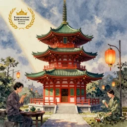watercolour painting of a pagoda, green and red accents, tea drinking and lanterns