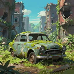 a abandoned and mossy old car in a destroyed city full of nature, pixar and disney style, ghibli studio, anime style, octane render, unreal engine 5, trending on artstation, high quality, highly detailed, path traced, cartoonist, serene scene, colorful, symmetrical, low contrast, godrays, complementary colors