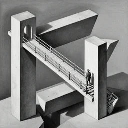 impossible penrose bridge by M.C. Escher, painting