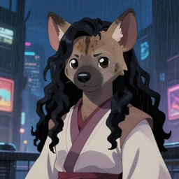 character portrait of a female anthro hyena fursona with a cute beautiful attractive face and long black curly hair wearing jedi robes in a cyberpunk city at night while it rains. hidari, color page, tankoban, 4K, tone mapping, Akihiko Yoshida.