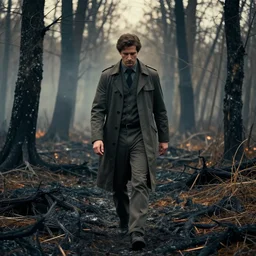 a guy in hazman suit walking in a burnt forrest, atmospheric, cinematic lighting