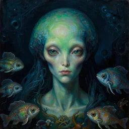 a close - up view, renaissance portrait of a otherworldly alien underwater surrounded by sea creatures. deep blue and green tones. night time. gloomy dark black background. highly detailed fantasy science fiction portrait painting by norman rockwell, moebius, frank frazetta, and syd mead. rich colors, high contrast. artstation