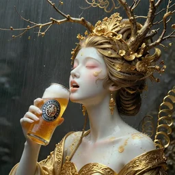 breathe into euphoria madison beer with a branches growing from her head, alterd carbon, geisha, dreamy ethereal vibe,, atmospheric, hyperdetailed detailed intricate render, hyperrealistic, glossy porcelain skin, rain, fibbonacci, detailed illustration, hd, 4 k, digital art, overdetailed art, gold, surrealistic, by greg rutkowski, by loish, trending on artstation, deviantart