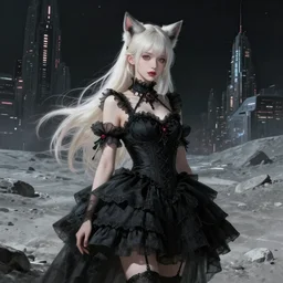 beautiful concept art of lunar cyberpunk city showing a beautiful girl with long platinum blonde hair, two - side up and cat ears standing in a black gothic frilly dress, digital painting,!! super detailed!!, spectacular w - 7 6 8