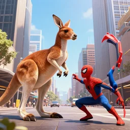 a giant kangaroo fighting a giant spiderman on the streets of sydney by gaston bussiere, craig mullins, j. c. leyendecker