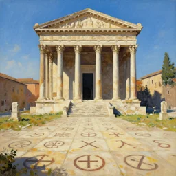 roman temple with strange symbols on the ground, painting