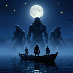 monsters on boat on the middle of lake, fog, moon, night sky, yellow stars, titans, deep blue mood, by stanley kubrick