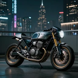 a classic cafer racer motobike in the cyberpunk city at night
