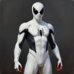 photorealistic, hyperdetailed, oil painting, of a white and black, sleek stealth suit and spider - man suit hybrid, by greg rutowski, by stanley artgerm