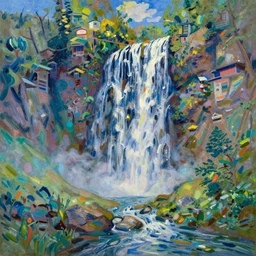 a japanese city in the mountain. waterfall. gorgeous epic nature, lofi, vivid colors, amazing light, by jeremy lipkin, by claude monet, heavily inspired by makoto shinkai, kandinsky touches, inspired by ghibli, masterpiece, multiple brush strokes, impressionist style