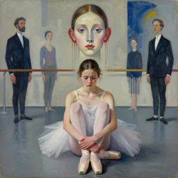 portrait of nervous young girl ballerina sitting on the floor focusing in a dance hall by vincent lafevre and francis bacon and pat steir and hilma af klint, psychological, symmetrical face, dripping paint, washy brush, matte painting, rendered in octane, altermodern, masterpiece