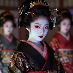 terrifying young maiko, clear face, hyper detailed, volumetric lights, colorful palette, masterpiece, ornate dark, suehiro moaruo, katsuhiro otomo, shintaro kago, cgsociety, octane render, ambient light