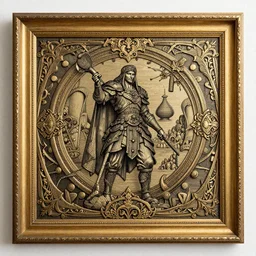 a illustration fantasy wood frame engraving with extreme intrincate details, golden border highly detail ornaments art by fantasy style, centered, facing shot, swords, crowns, joe biden, symmetry