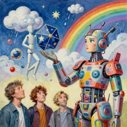 surreal gouache painting, by hans baldung, conrad roset, by kilian eng, by good smile company, incredibly detailed, of floating molecules and a mannequin statue holding an icosahedron with stars, clouds, and rainbows in the background, cgsociety, artstation, modular patterned mechanical costume and headpiece, retrowave atmosphere