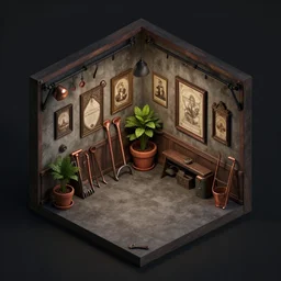 dark isometric indoor vintage garage with copper tools in a cubic room with victorian pictures on walls and potted plants