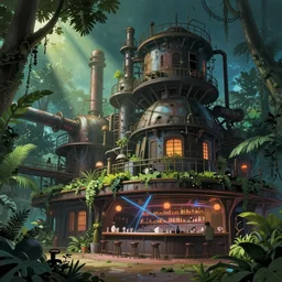 industrial architecture by jean delville, sunlight junglepunk studio ghibli at night scumm bar laser cyberpunk, archdaily, wallpaper, highly detailed, trending on artstation.